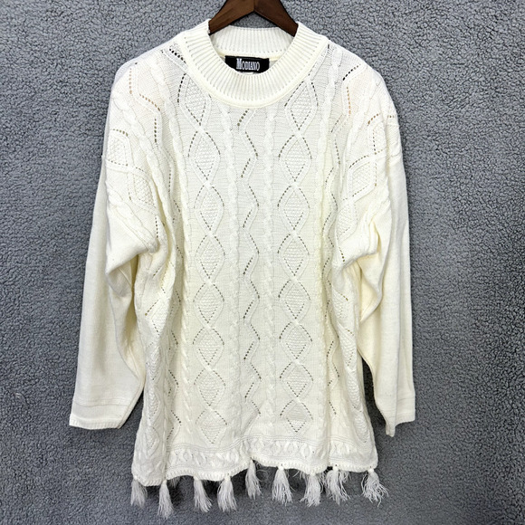 Vintage‎ Sweater Womens Large Ivory Cableknit Fringe Fisherman Boho Western 90s - Picture 1 of 6